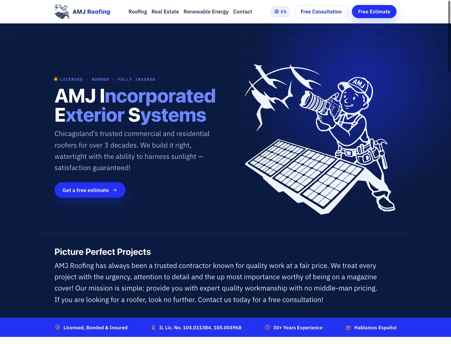 AMJ Roofing website with its roofing and solar services